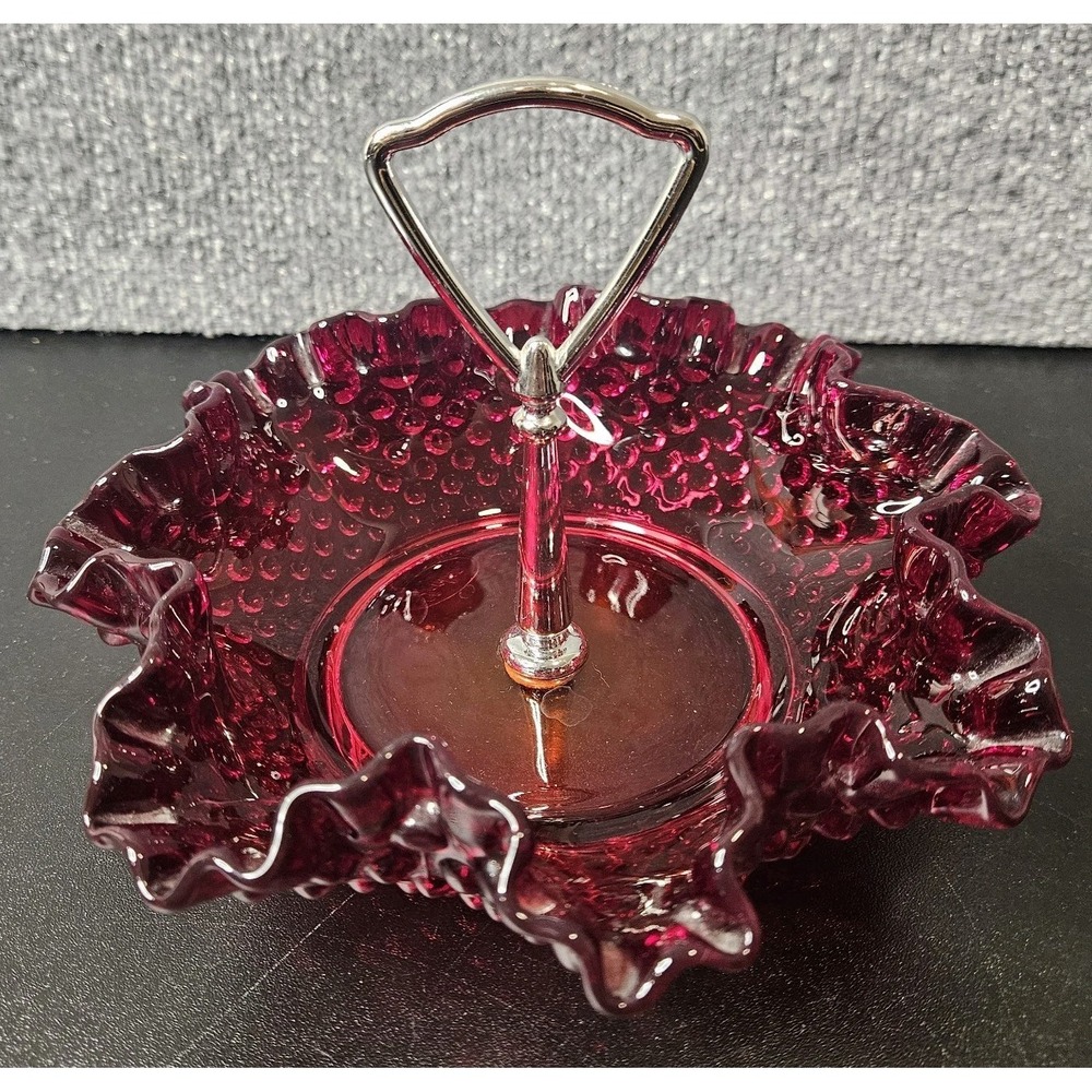 Fenton Glass Candy‎ Serving Dish With Handle Red Hobnail Scalloped Ruffle Edge